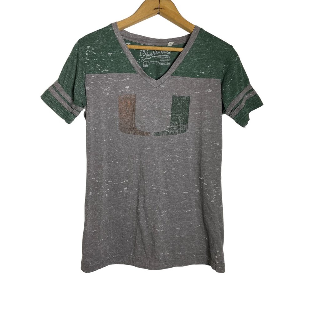 Pressbox University of Miami Hurricanes Women's Green Gray Tee Shirt LARGE